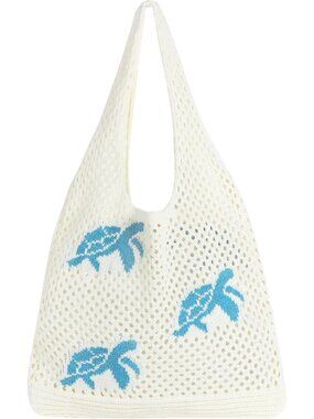 Women's Blue Aesthetic Crochet Mesh Beach Tote Bag Summer Vacation Knitted Bag